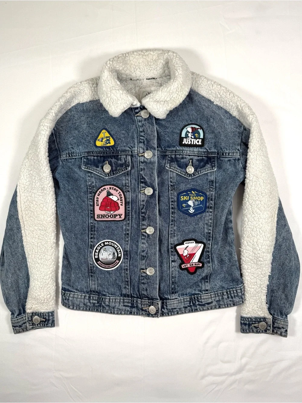 JUSTICE Girls Snoopy Peanuts 75th Sherpa Denim Jacket S 7/8 Ski Patches Winter